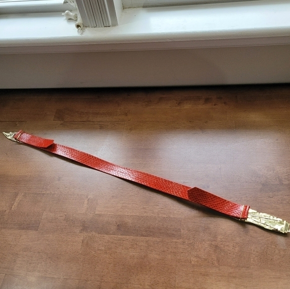 Vintage Red Faux Snakeskin Belt with Gold Tone Metal Leaves - Picture 14 of 16